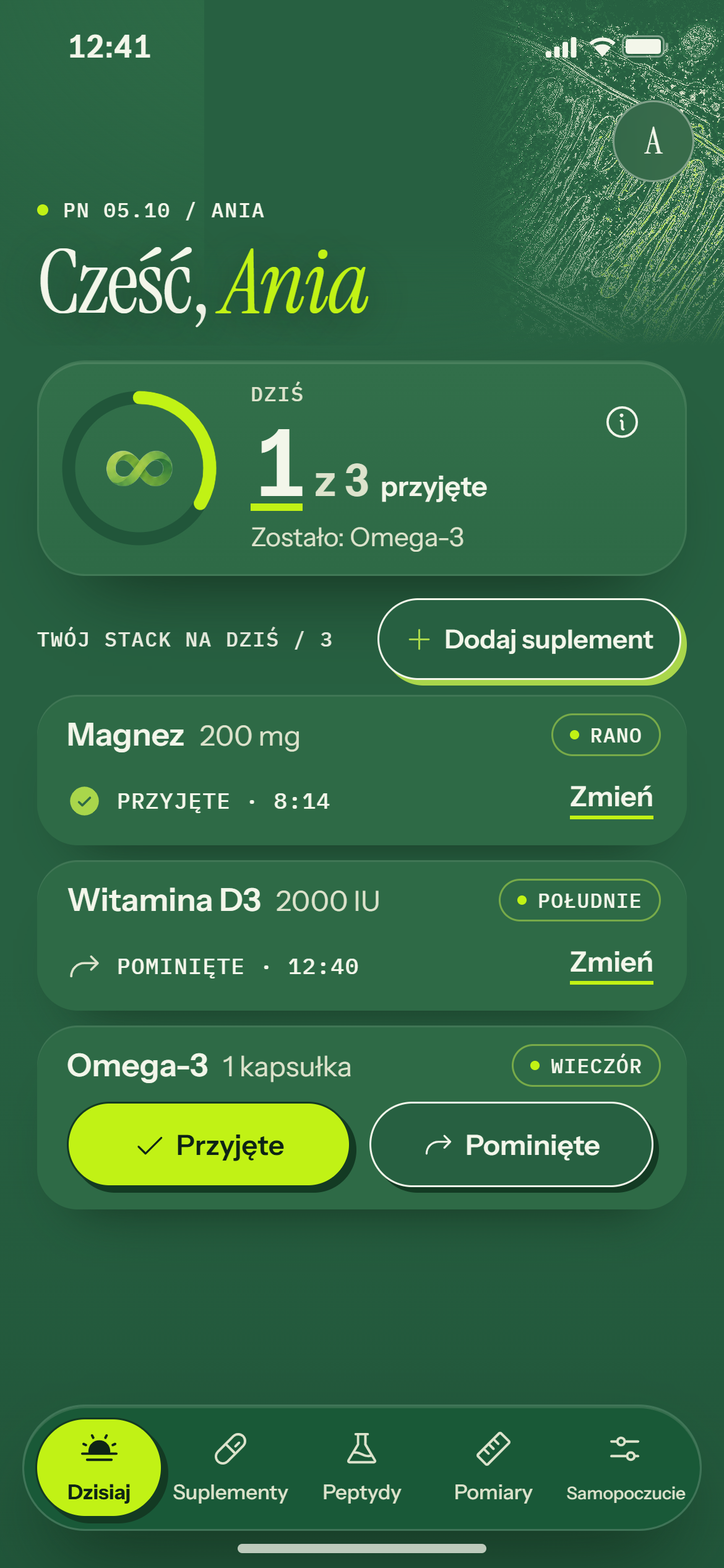 Ekran Dzisiaj: pierścień 1 z 3 przyjętych suplementów, lista i komunikat Zapisano