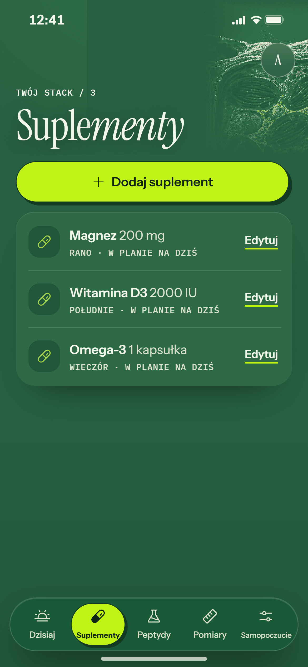 Ekran Suplementy: trzy suplementy z porą dnia i przyciskiem Edytuj